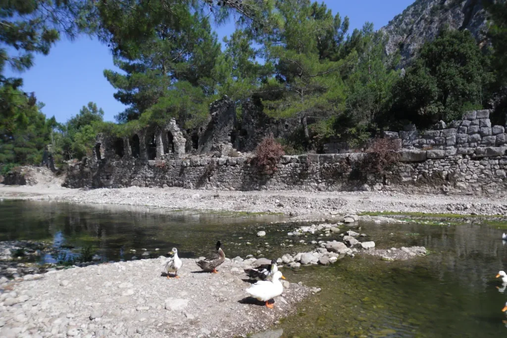 The river flowing through Olympos, with the Roman Bathhouse on the side