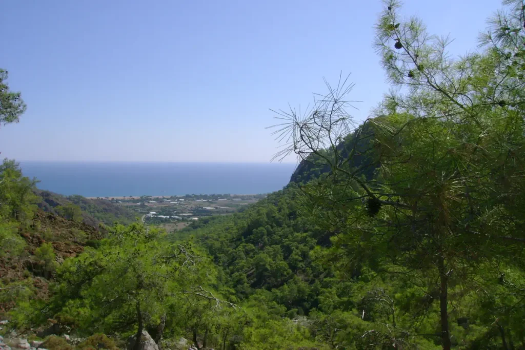 View from the Chimera (Burning Stones), offering a stunning look at the Mediterranean coast. This site is located on the famous Lycian Way trekking route.