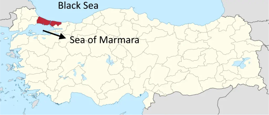 The province of Istanbul is marked with red on the map of Turkey
