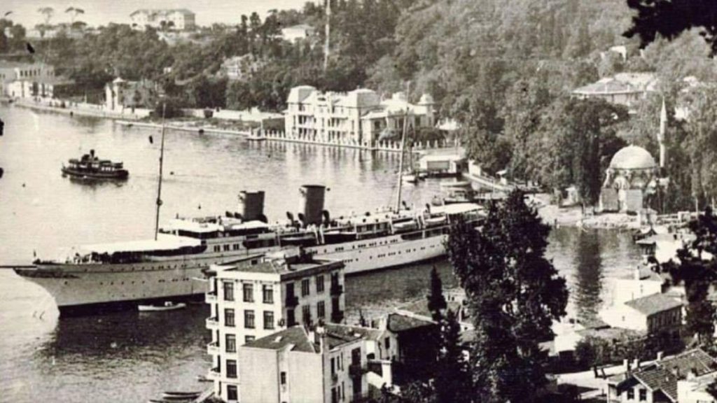 MV Savarona yacht anchored at Bebek harbor in Istanbul during the 1940s, gifted to President Mustafa Kemal Atatürk, 136 meters long.