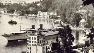 MV Savarona yacht anchored at Bebek harbor in Istanbul during the 1940s, gifted to President Mustafa Kemal Atatürk, 136 meters long.