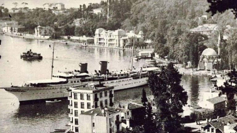 MV Savarona yacht anchored at Bebek harbor in Istanbul during the 1940s, gifted to President Mustafa Kemal Atatürk, 136 meters long.