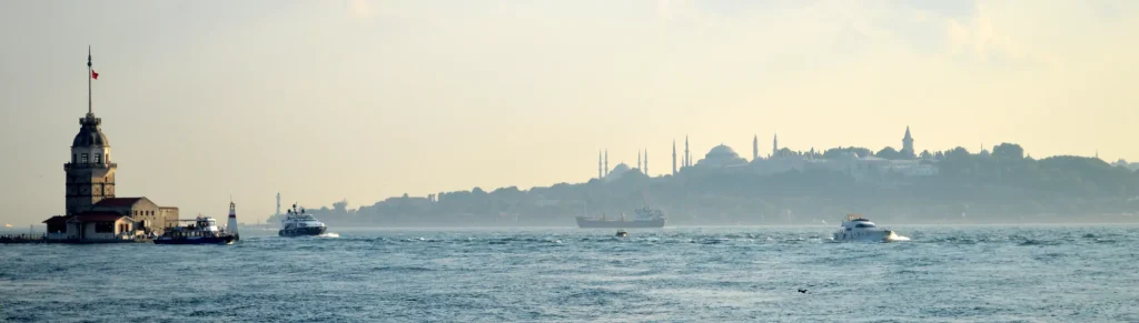 Maiden's Tower with the Historic Peninsula of Istanbul (Sarayburnu) in the background