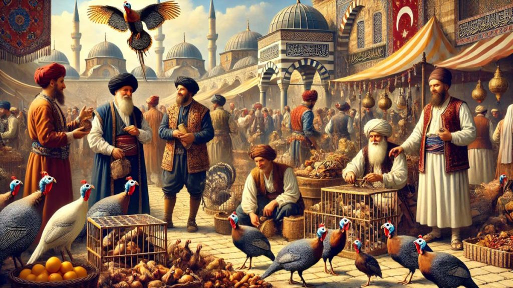 Historical depiction of Ottoman merchants in a bustling market selling guineafowl, which looks likes turkey, with traditional attire, cages, and vibrant surroundings.