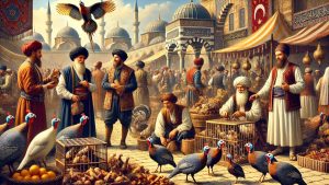 Historical depiction of Ottoman merchants in a bustling market selling guineafowl, which looks likes turkey, with traditional attire, cages, and vibrant surroundings.