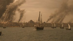 This illustration by Antoine Helbert depicts Constantinople engulfed in flames, seen from the vantage point of the approaching Venetian fleet. During the Fourth Crusade, Crusaders deliberately set parts of the city ablaze to spread panic and conceal their movements.