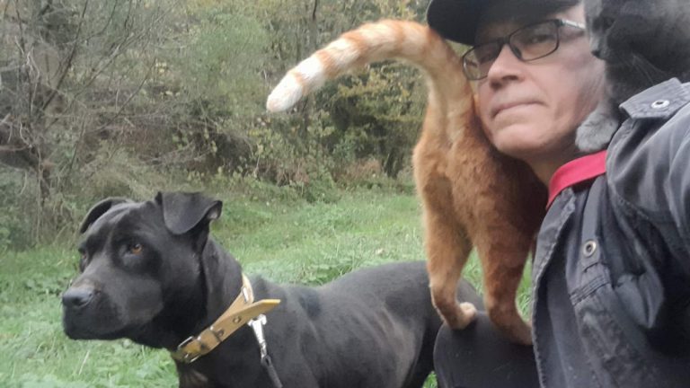 Me at our sanctuary with Zeytin (Olive) standing beside me, one cat resting on my shoulders and another sitting calmly on my lap.