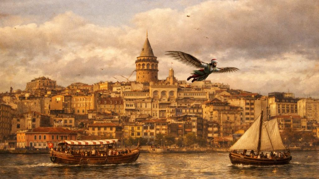 Hezarfen Ahmed Çelebi glides through the sky with artificial wings above historic Istanbul, flying past Galata Tower toward the Bosphorus, while wooden boats sail on the water below in a fairytale-like, historic cityscape.