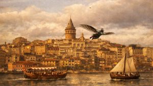 Hezarfen Ahmed Çelebi glides through the sky with artificial wings above historic Istanbul, flying past Galata Tower toward the Bosphorus, while wooden boats sail on the water below in a fairytale-like, historic cityscape.