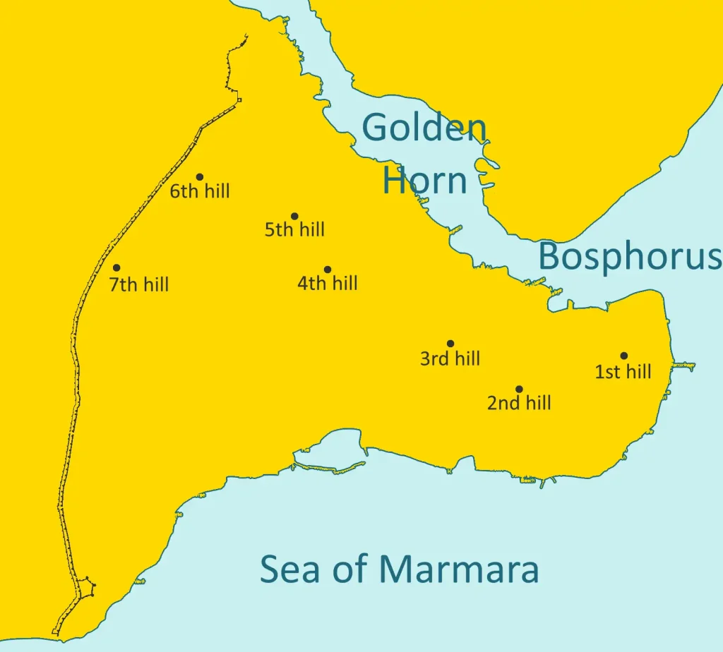 Simplified map of Istanbul’s historic peninsula showing the locations of Constantinople’s seven hills, numbered from first to seventh, alongside the Golden Horn, the Bosphorus, and Sea of Marmara.