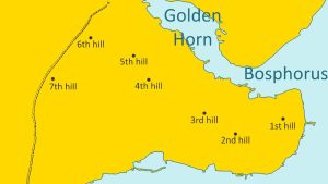 Simplified map of Istanbul’s historic peninsula showing the locations of Constantinople’s seven hills, numbered from first to seventh, alongside the Golden Horn, the Bosphorus, and Sea of Marmara.